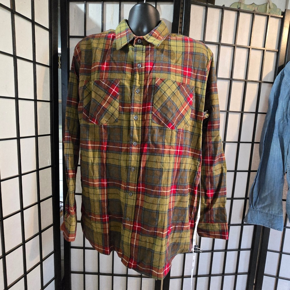 Haband Mens Flannel Shirt Long Sleeve Plaid Button Down Olive Green Red L - Picture 7 of 10